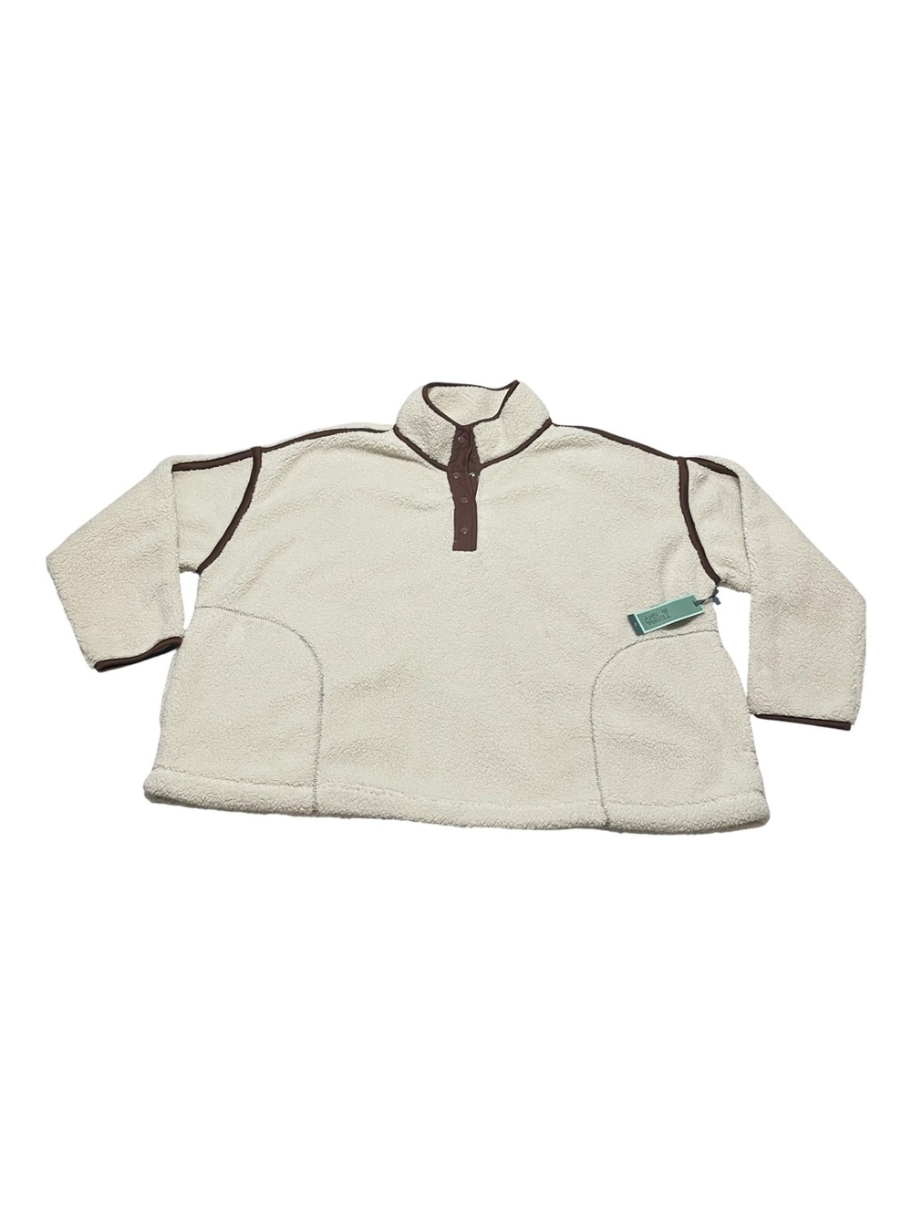 Cream Fleece Pullover with Brown Trim and Quarter Snap